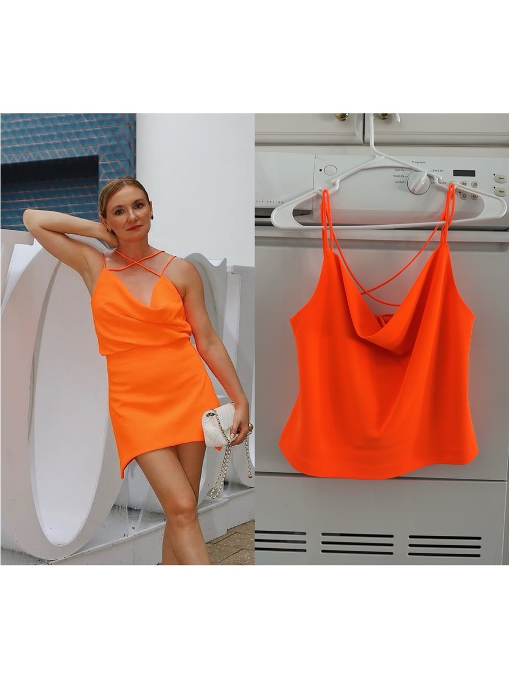 Zara Neon Orange Draped Cowl Neck Cami Top Strappy Open Back Size S